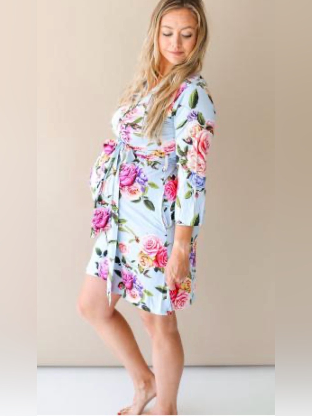 Posh Peanut maternity robe country rose print stretch viscose XL blue pink flora